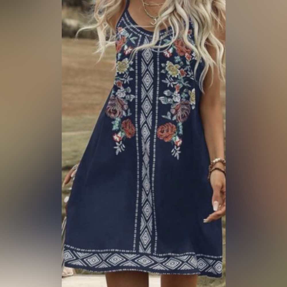 SHEIN Navy Blue Cami Dress / Shirt with Floral & Ethnic Prints,P-P 20”,Retail$24